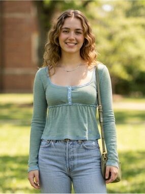 BDG Urban Outfitters Blue Green Striped Long Sleeve Babydoll Top XS